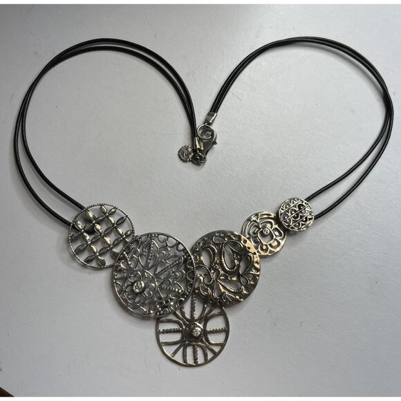 Silpada Sterling Silver Filigree Circle Disc Black Leather Cord Necklace N2343